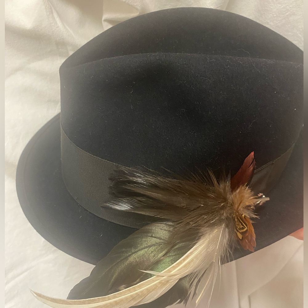 Vintage Royal Stetson Black Fedora with Feather and Hat Pin